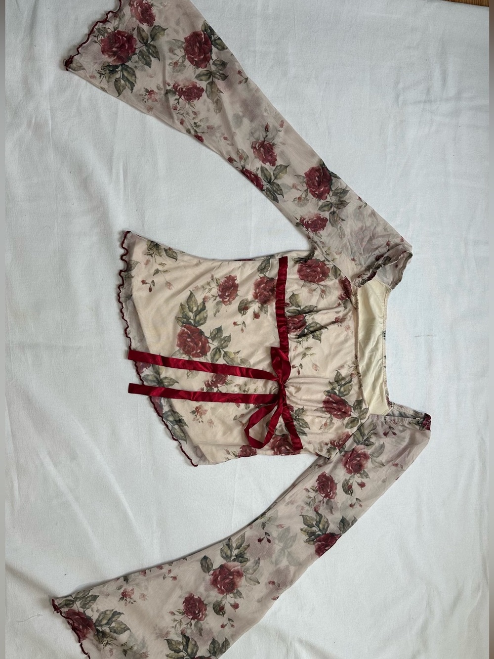 SHEIN Cream Mesh Floral Crop Top with Red Rose Print and Red Ribbon Tie